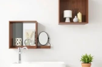 A bright apartment showcasing various DIY vanity ideas, including floating shelves and upcycled dresser.