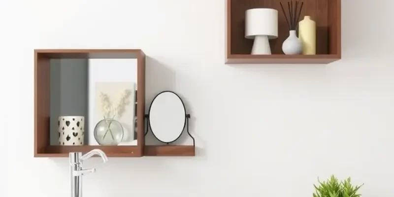 A bright apartment showcasing various DIY vanity ideas, including floating shelves and upcycled dresser.