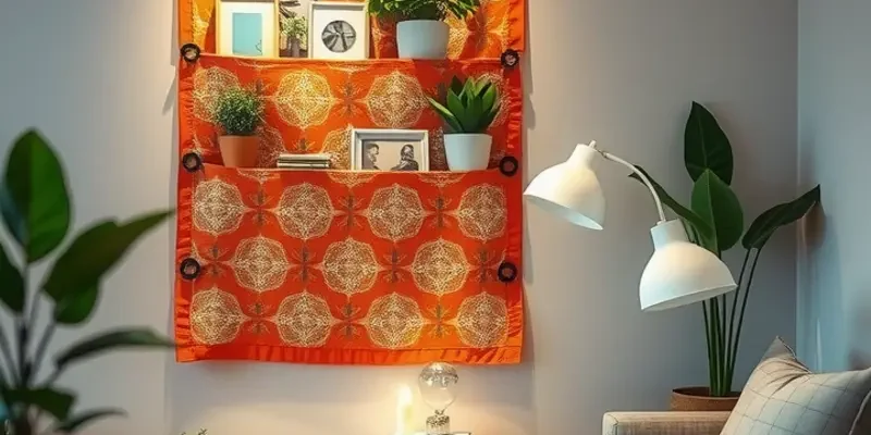 An inviting living room featuring different styles of DIY wall pockets filled with plants, stationery, and decorative objects.
