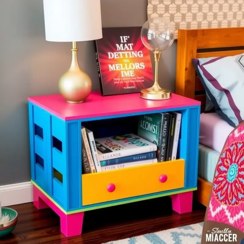 A charming thrifted nightstand creatively upcycled for a personal touch.