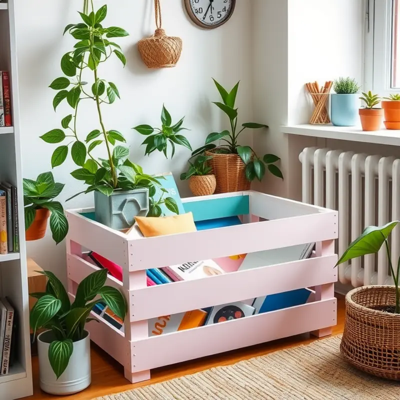 A charming wooden storage crate displaying its elegant design in a cozy apartment.