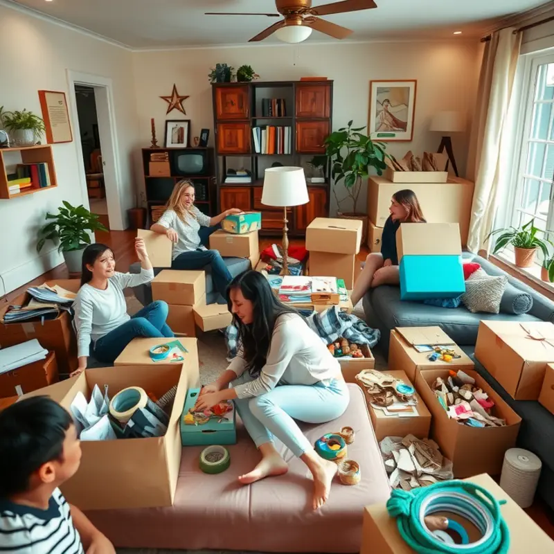 Young adults navigating the chaos of downsizing before their apartment move.