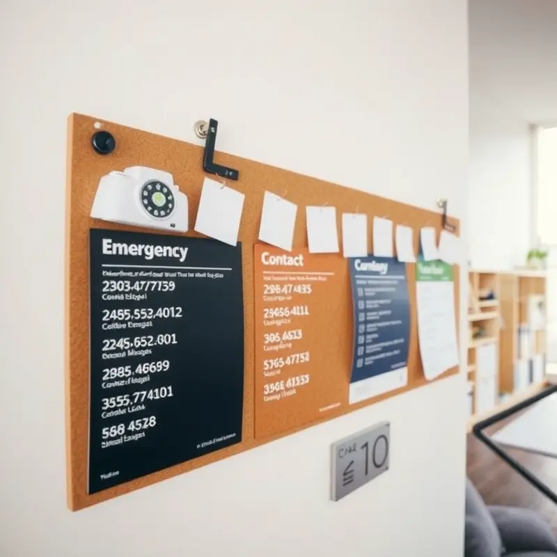 A clear and organized emergency contact list displayed in an apartment.