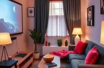 A cozy apartment interior showing various entertainment features like a projector, seating, and games, perfect for inviting friends over.