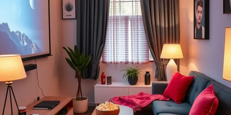 A cozy apartment interior showing various entertainment features like a projector, seating, and games, perfect for inviting friends over.