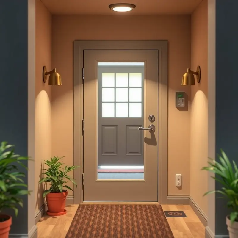 An apartment entrance showcasing important safety features for elderly renters.