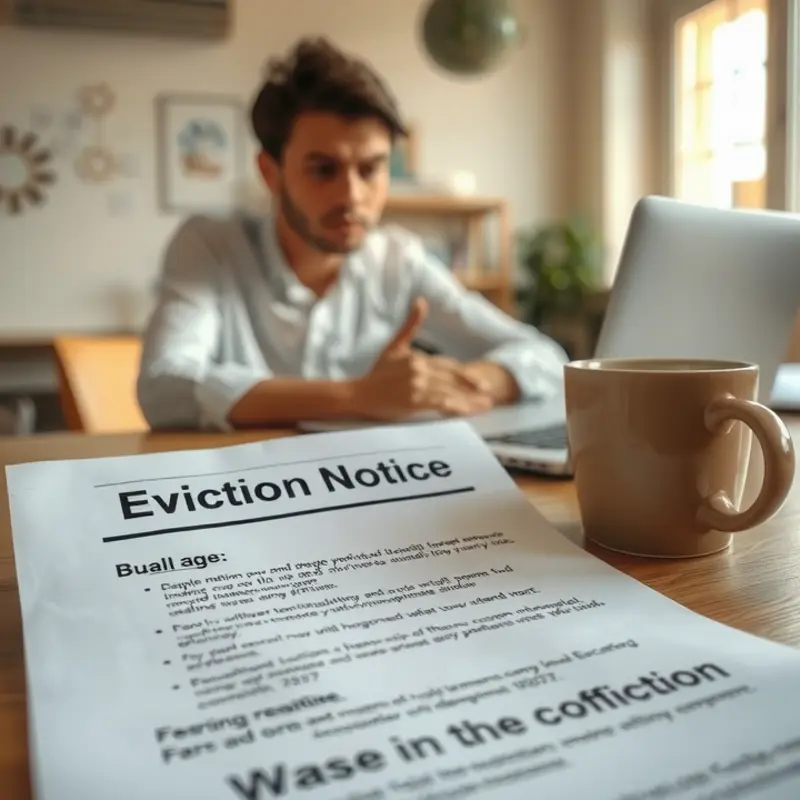 A young professional examining an eviction notice, highlighting the emotional impact of such documents.