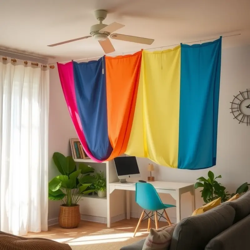 A decorative fabric room divider adds color and coziness to a living space.