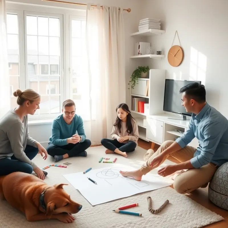 A warm apartment scene showing a family enjoying various indoor games and crafts.