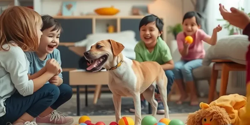 Families with pets engaging in various indoor activities, showcasing joy and companionship.
