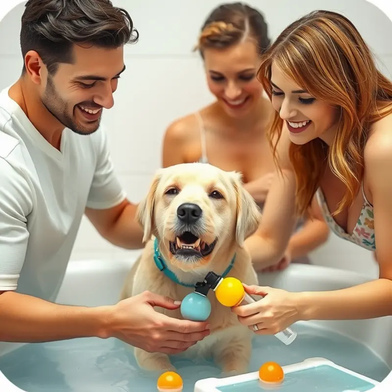 An inviting and practical pet bathing station set up in an apartment.