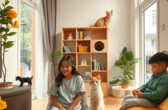 A family enjoying a peaceful moment in their apartment with a relaxed cat, portraying the joys of shared living spaces.