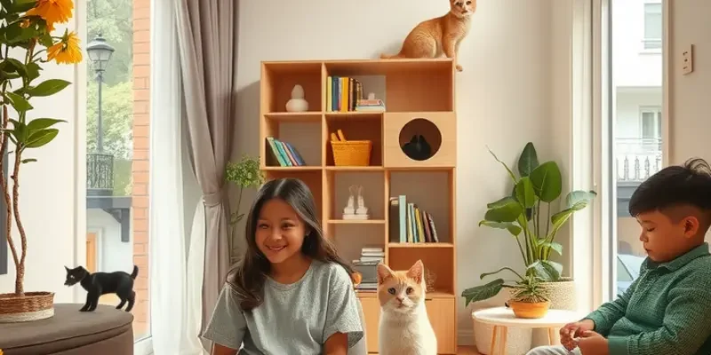 A family enjoying a peaceful moment in their apartment with a relaxed cat, portraying the joys of shared living spaces.