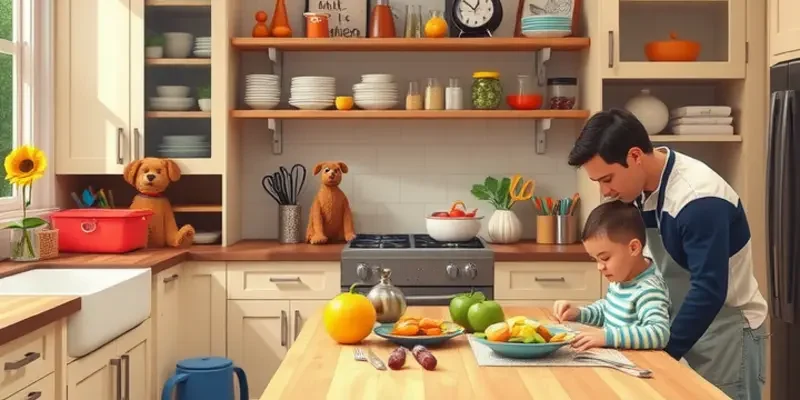 A family cooking in a joyful environment, showing safe practices in a cozy kitchen.