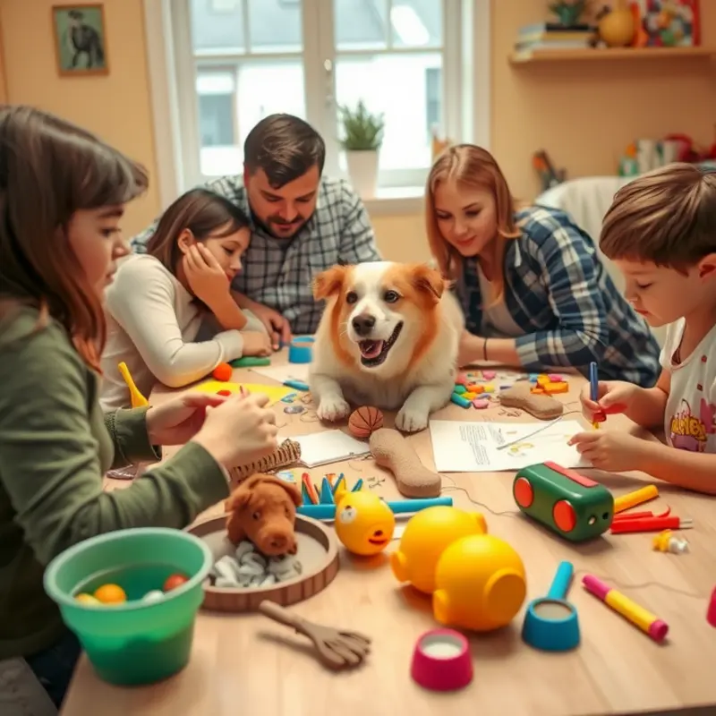 Playful interactions between children and pets in a bright, cheerful indoor setting.