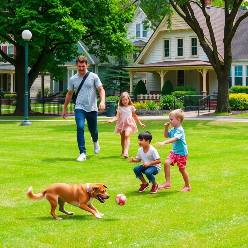 A family enjoying a day in a pet-friendly park neighborhood.