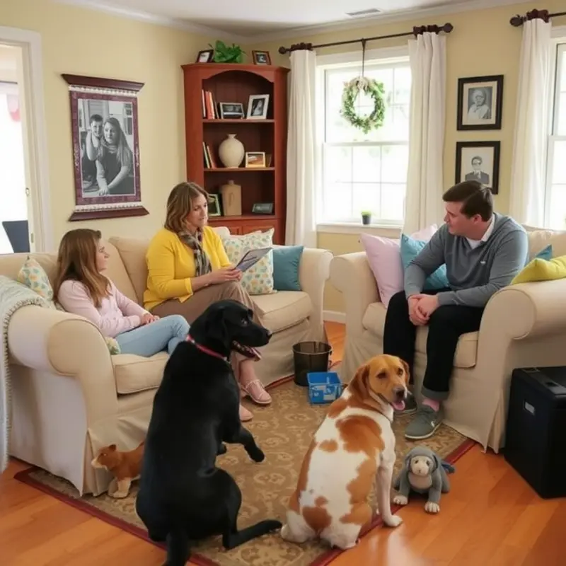 Families preparing for emergencies together, ensuring pet safety.