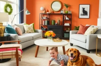 A family playing happily in their well-decorated, child-safe apartment, embodying comfort and coziness.