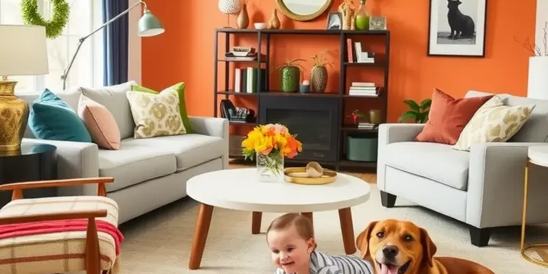 A family playing happily in their well-decorated, child-safe apartment, embodying comfort and coziness.