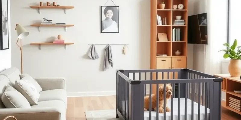 A cheerful apartment with kids playing alongside pets, showcasing a well-organized and family-friendly living space.