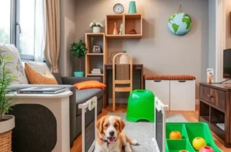 A child playing with a kitten in a cozy apartment, symbolizing a harmonious family and pet-friendly living environment.