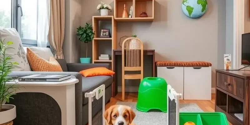 A child playing with a kitten in a cozy apartment, symbolizing a harmonious family and pet-friendly living environment.