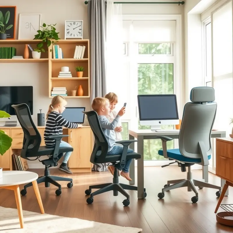 A vibrant workspace in a small apartment featuring stylish desk chairs.