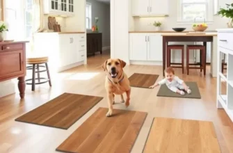 A lively living room where children and pets engage happily, surrounded by pet-friendly flooring.