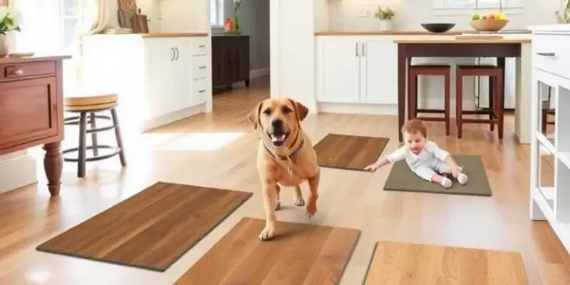 A lively living room where children and pets engage happily, surrounded by pet-friendly flooring.