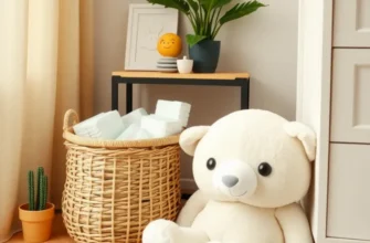 A cozy apartment living area designed for families with organized diaper storage.