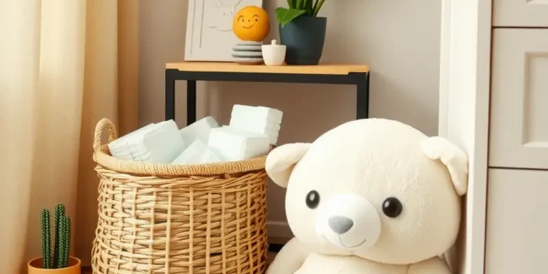 A cozy apartment living area designed for families with organized diaper storage.