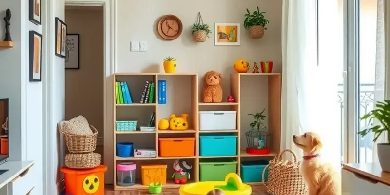 A joyful family engaging with children and pets in a bright, inviting apartment.