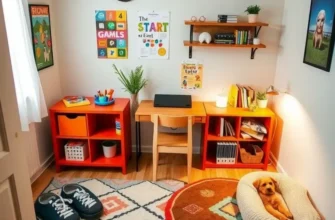 A joyful family working together on a homeschooling project in a cozy apartment setting, with a pet beside them.