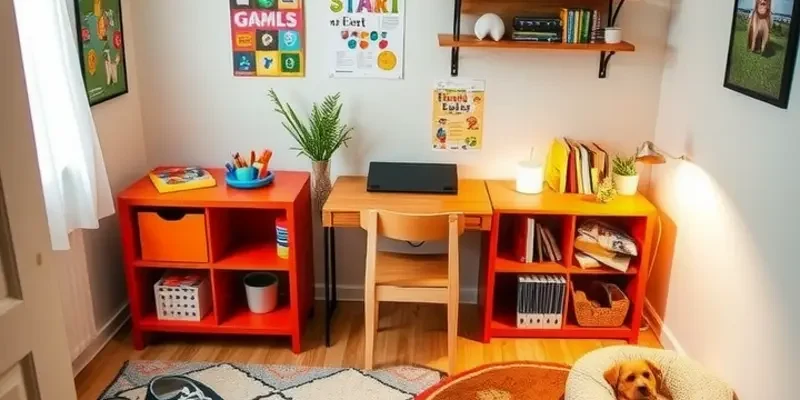 A joyful family working together on a homeschooling project in a cozy apartment setting, with a pet beside them.