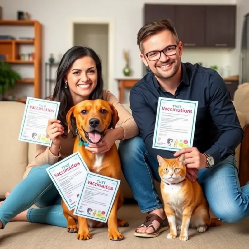 A family ensures their pets are vaccinated in a cozy apartment setting.