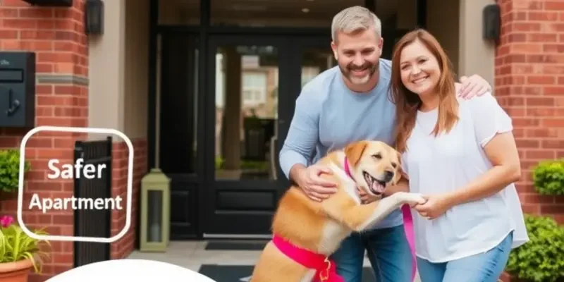 A family looking at pet-friendly apartment listings on a laptop, illustrating the apartment search process.