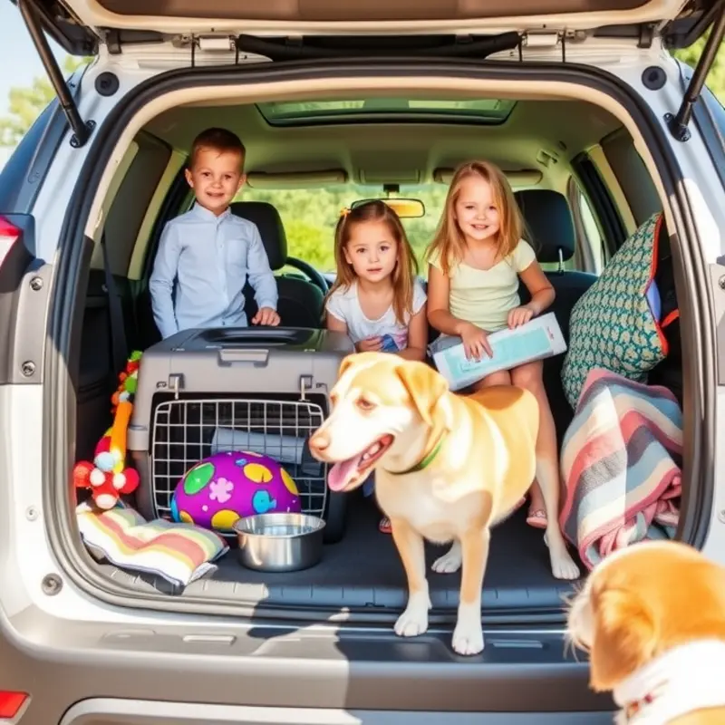 A family preparing for an adventure with essential pet travel gear.