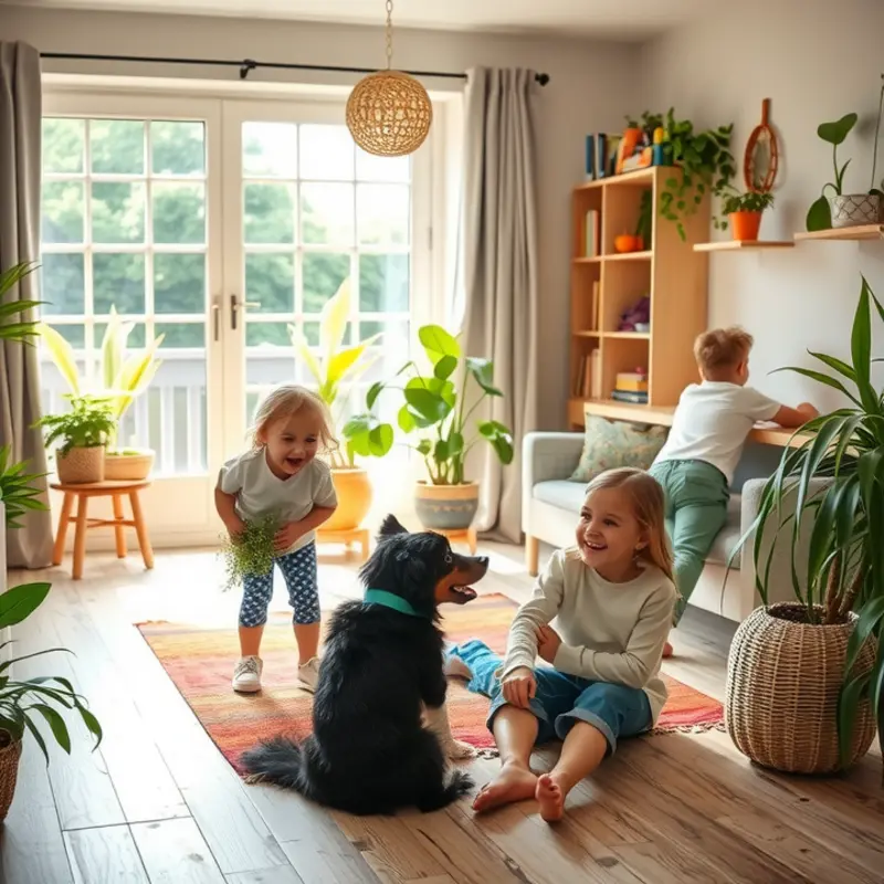 A family enjoying a clean indoor environment with pets and children.