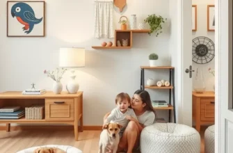 A family with pets in a cozy apartment pet corner featuring soft bedding and warm lighting.