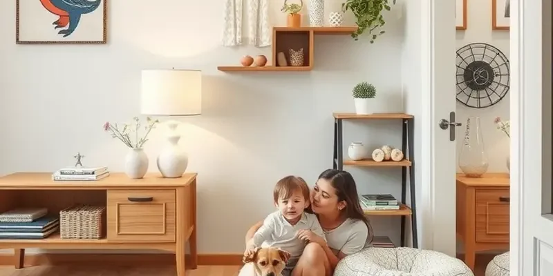A family with pets in a cozy apartment pet corner featuring soft bedding and warm lighting.