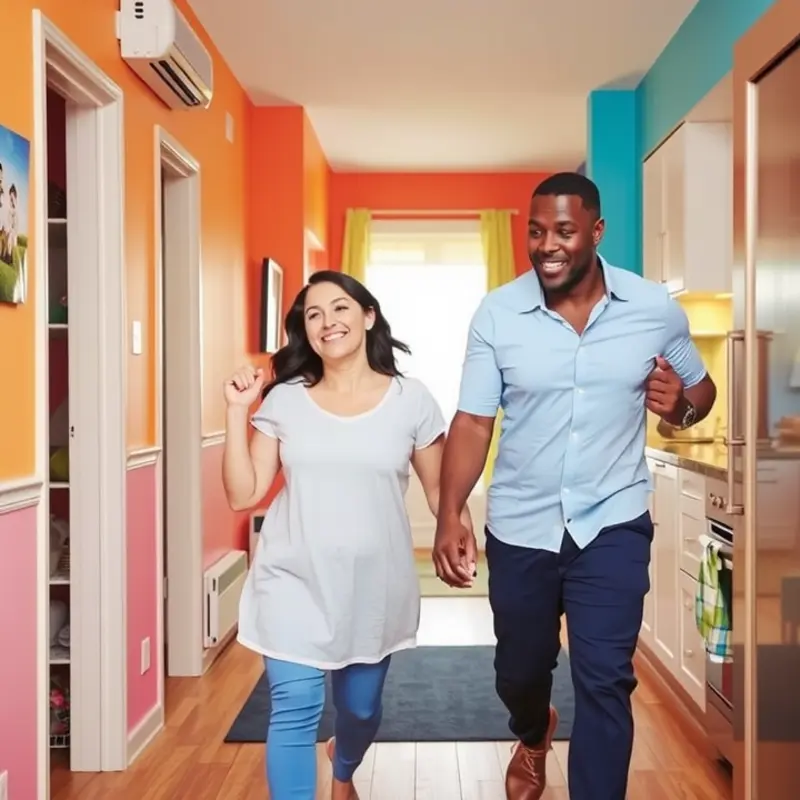 A warm family exploring a cozy apartment, while considering pet-friendly features.