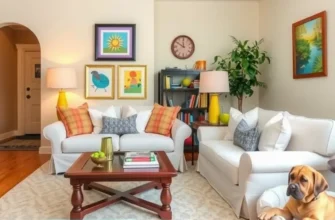 A cheerful family home filled with pet-friendly furniture and kids playing, highlighting a welcoming atmosphere.