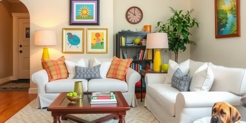 A cheerful family home filled with pet-friendly furniture and kids playing, highlighting a welcoming atmosphere.