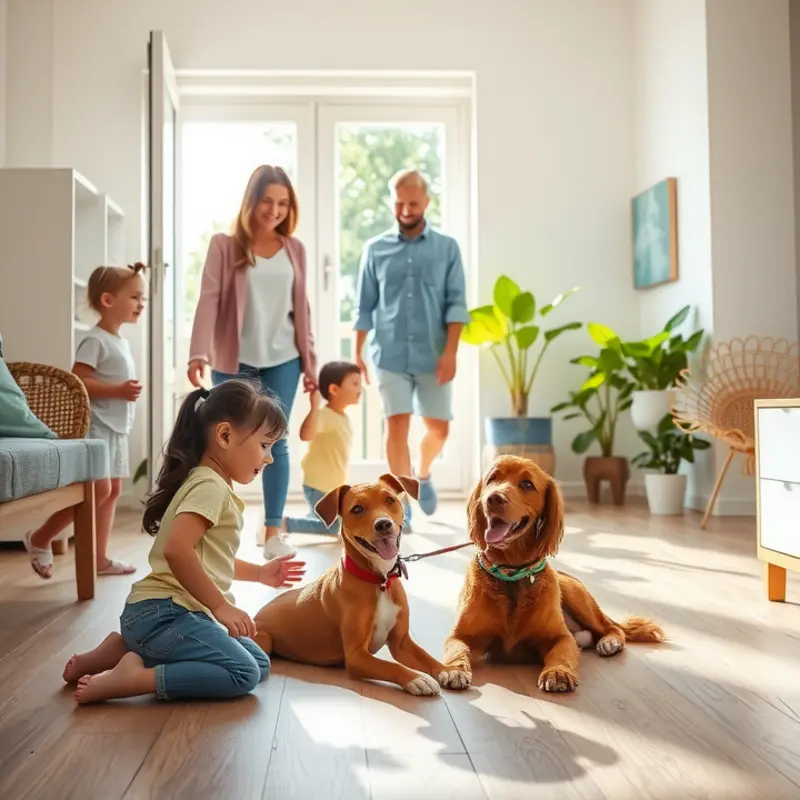 A warm family scene in a pet-friendly apartment, showcasing the comfort and space for children and pets.