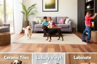 Kids and pets playing in a cozy living room with pet-friendly flooring.