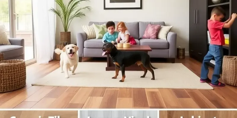 Kids and pets playing in a cozy living room with pet-friendly flooring.