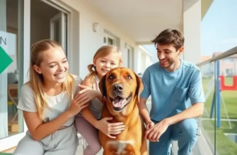 A happy family preparing for a vacation with a dog, displaying travel essentials.