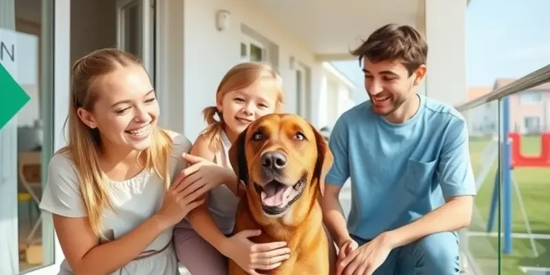 A happy family preparing for a vacation with a dog, displaying travel essentials.