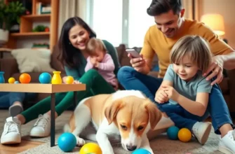 A happy family interacting with their pets in a well-designed, apartment-friendly living space