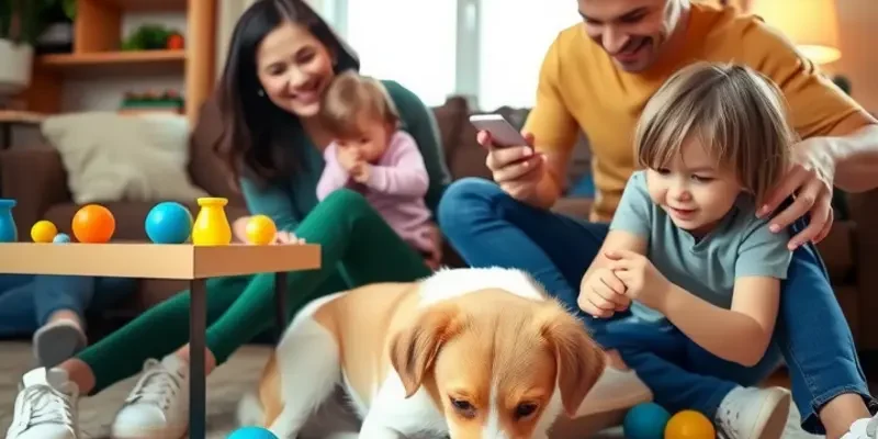 A happy family interacting with their pets in a well-designed, apartment-friendly living space